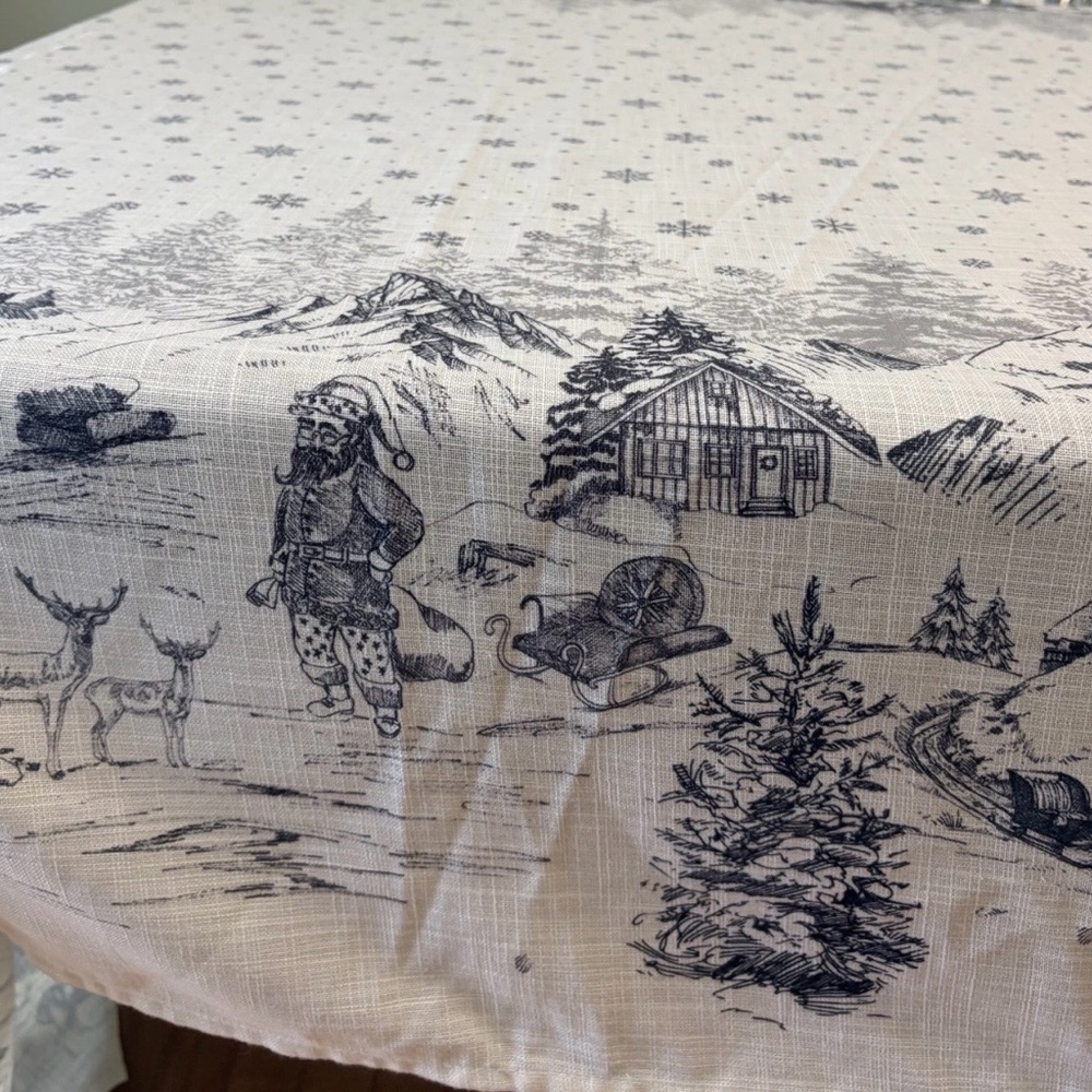 Tahari 60" × 84” Tablecloth Winter Wonderland Deer Snowmen Cabin Cream Black